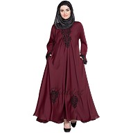 Embroidered Umbrella cut Nida abaya- Maroon
